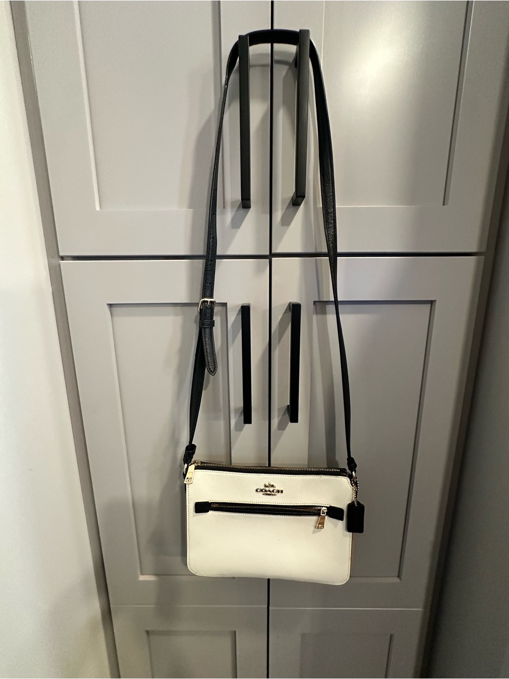 Coach White and Black Leather Crossbody with Gold Hardware